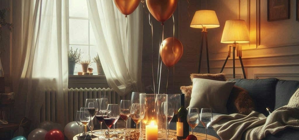 after-party disaster: balloons, red wine, blanket on couch, lights on, confetti