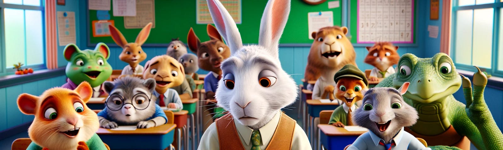 Henry the rabbit and his classmates are vividly depicted in a colorful 3D children’s cartoon style