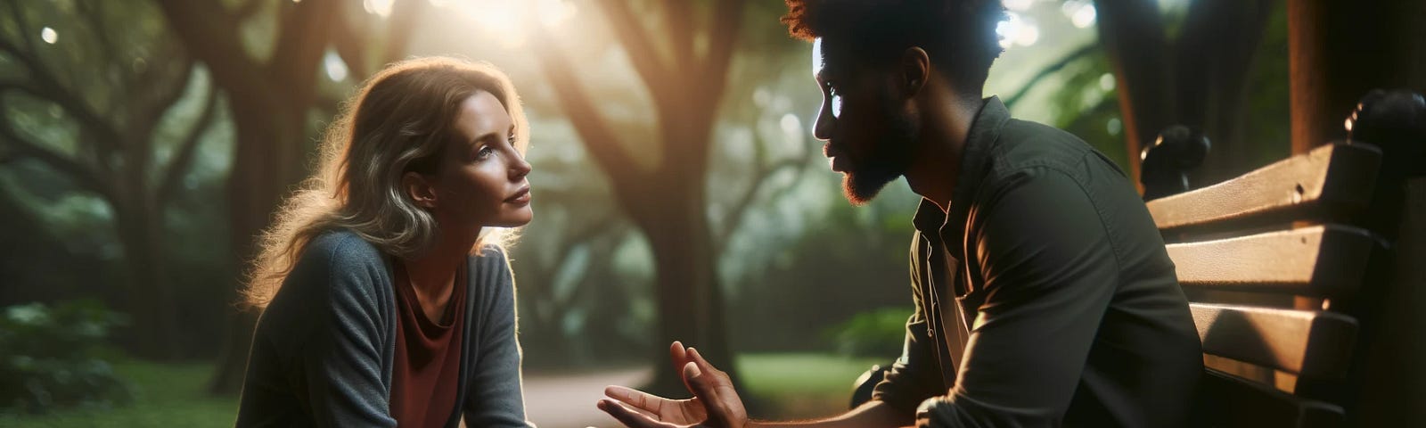 An image of a diverse couple sitting on a park bench deeply engaged in conversation, surrounded by nature. The setting is peaceful and intimate, with soft lighting highlighting their faces. The image should capture a moment of genuine connection and understanding between them