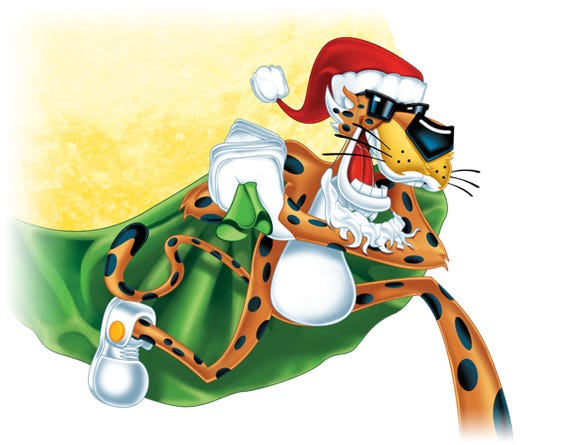 Chester Cheetah, the Cheetos mascot, dressed as Santa.