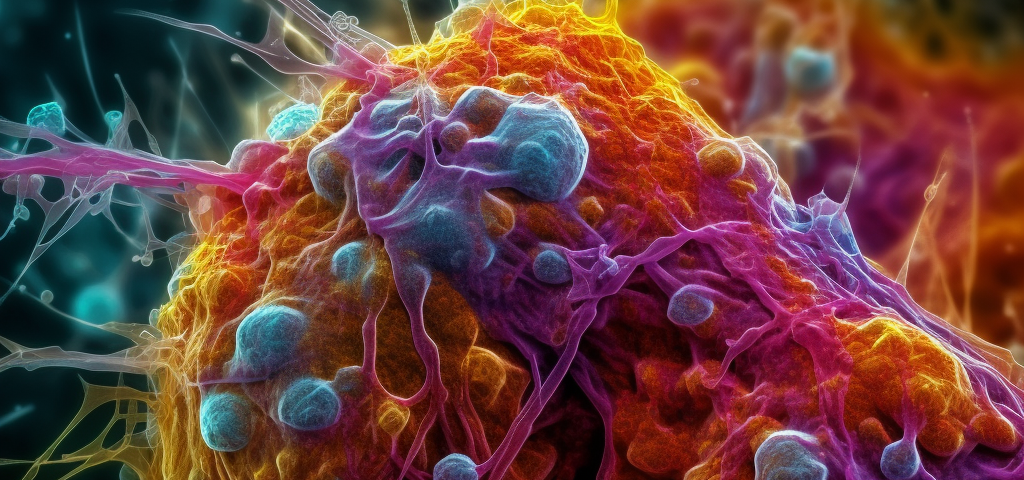 A cancer cell being attacked by nanoparticles — Author/Midjourney