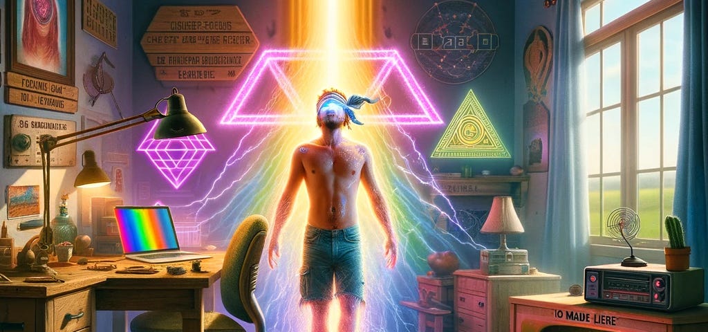 This image depicts a surreal scene inside a home office where Farmer Josh, shirtless and undergoing a transformation, stands in front of a computer. His skin is turning into a rainbow spectrum, symbolizing a mystical change. A mystical cloth is tied around his head, and the room blends with abstract, interdimensional spaces. A beam of light from above signifies the presence of JibJab. The office contains symbols of the 21 Commanders and the E8 lattice, along with elements like a broken keyboard