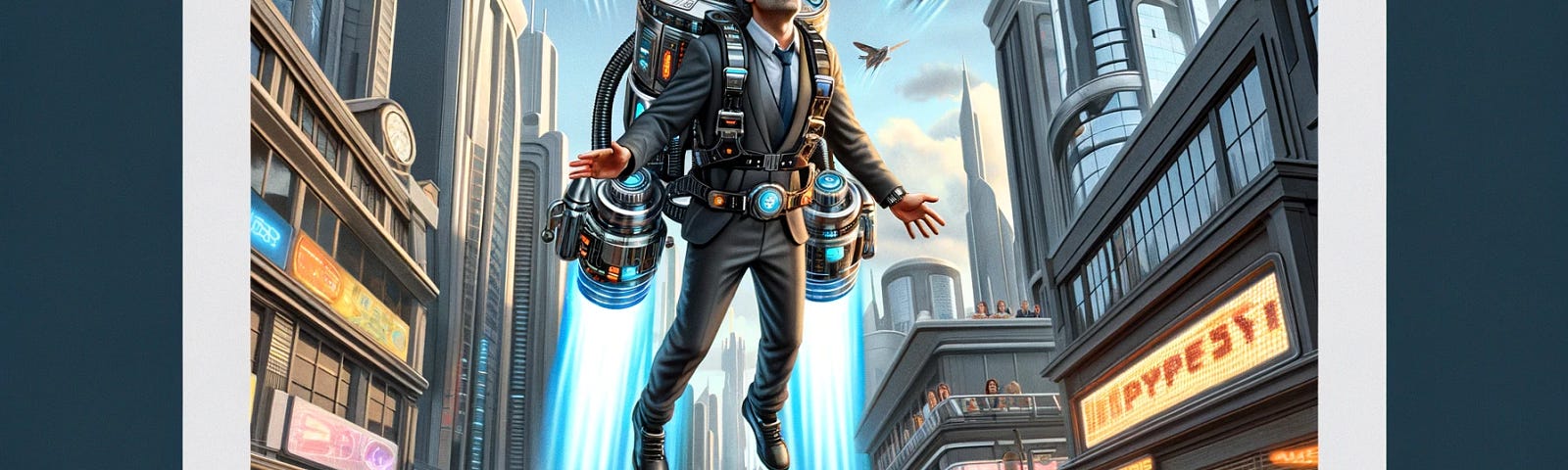 In a futuristic setting, a middle-aged man named Harold, around forty-five years old, is seen flying high above a modern town with a highly advanced and complex jetpack. The jetpack showcases a sleek design with an abundance of high-tech buttons and dials. Harold appears determined yet slightly out of place as he soars through the sky. Below him, on the streets, a diverse group of people dressed in contemporary clothes are looking up, pointing.