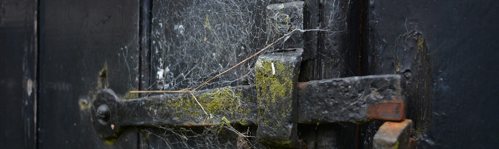 A close-up of a rusty latch covered in a spiderweb on an old door, symbolizing the complexity of opening new opportunities and the potential obstacles in the journey of change.