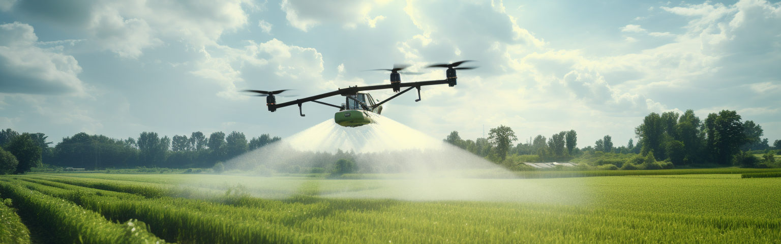 Midjourney generated image of big quadcopter spraying herbicide on verdant crops under a sunny sky with a few clouds near a river, birds eye view