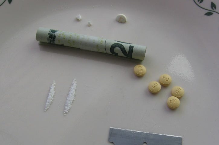 OxyContin tablets crushed into powder for insufflation (snorting).