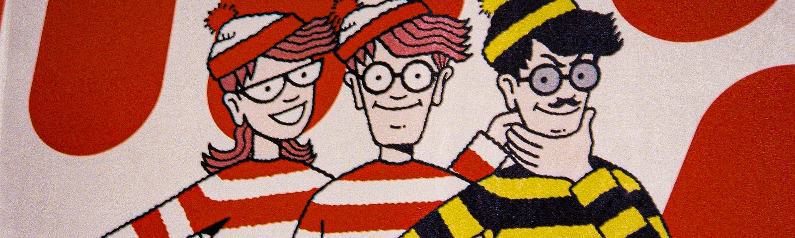 Where’s Wally picture — three characters which appear in the books, in striped jerseys and caps, etc.