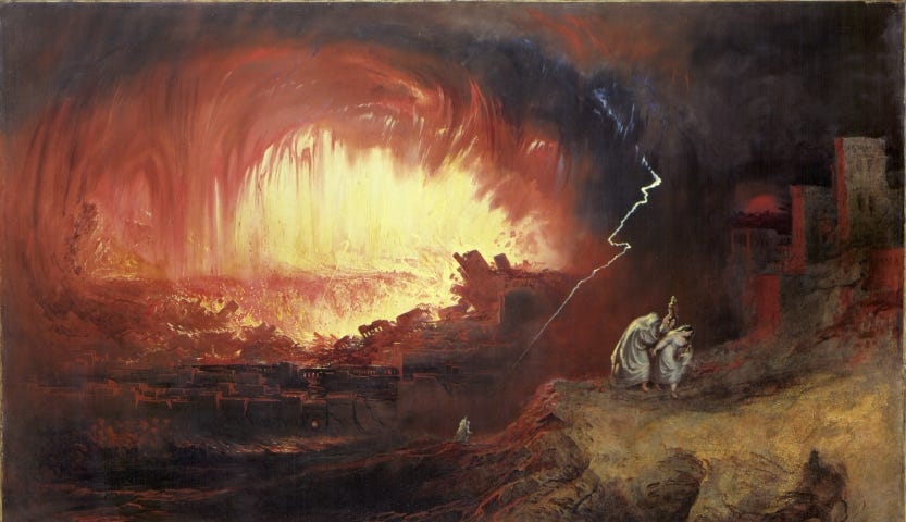 An oil on canvas painting of the Destruction of Sodom and Gomorrah by John Martin (1852)