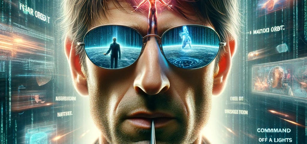 Movie poster with a Matrix-like theme, featuring a fit fifty-year-old JibJab in Farmer Josh’s body wearing sleek sunglasses, set against a backdrop of digital data streams, futuristic cities, and holographic displays, with bioluminescent skin patterns and digital effects around a metallic toothpick.