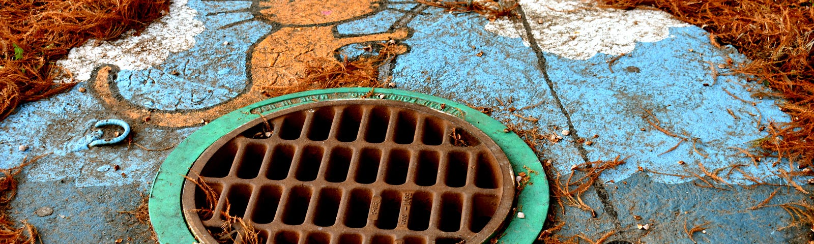 A rusty grate over a drainage inlet is surrounded by concrete, on which is painted a cartoon orange cat fishing with a pole, with red fishes ready to bite.