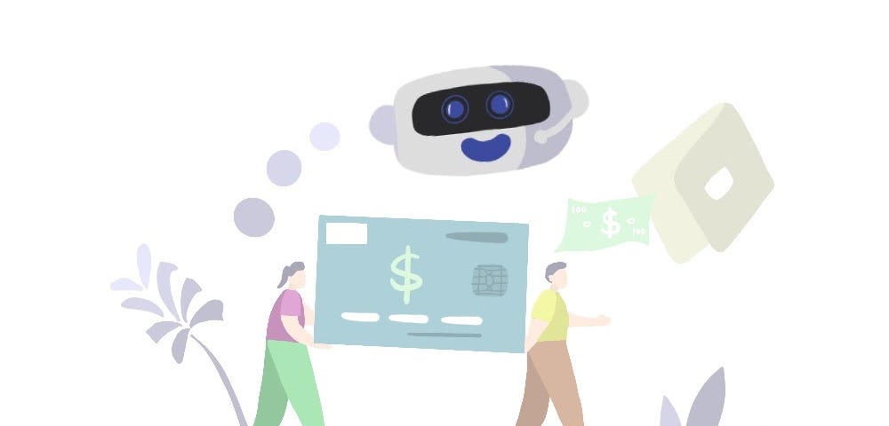 Voicebots hovering over 2 banking customers, holding a massive bank note