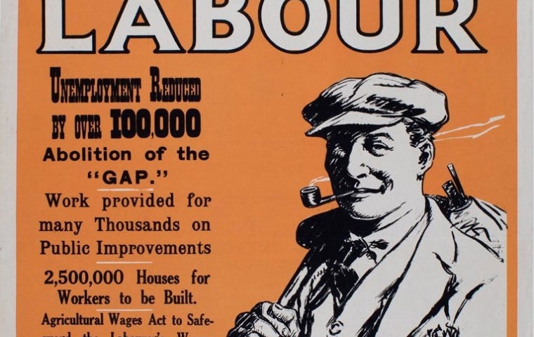 Orange party political poster which depicts a smiling man in a flat cap smoking a pipe. The text describes improvements to pensions and housing and unemployment benefits