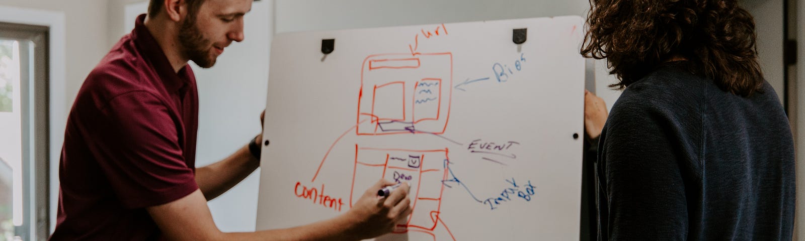 Two people stood at a whiteboard and drawing a wireframe of a webpage