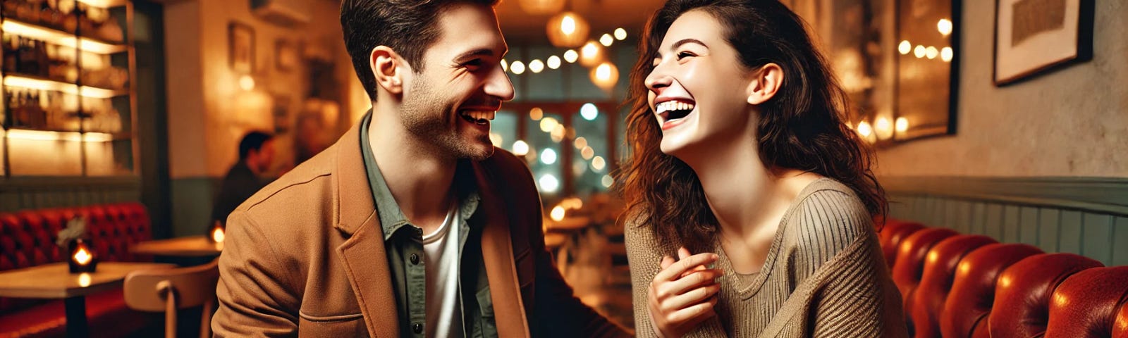 Here’s the image of a couple on their first date at a cozy café, sharing a laugh and making an immediate connection in a warm, inviting atmosphere.