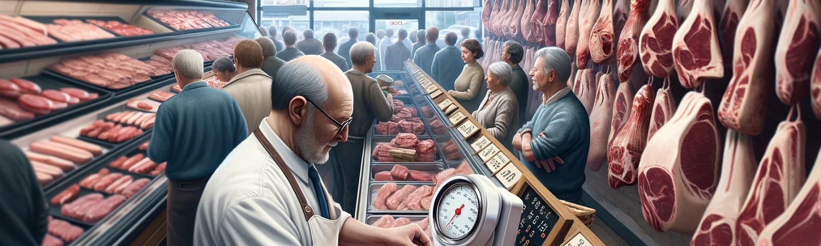 ChatGPT & DALL-E generated panoramic image of a busy butcher shop on a Saturday morning, capturing the moment where the butcher subtly places his thumb on the scale while weighing a cut of meat.