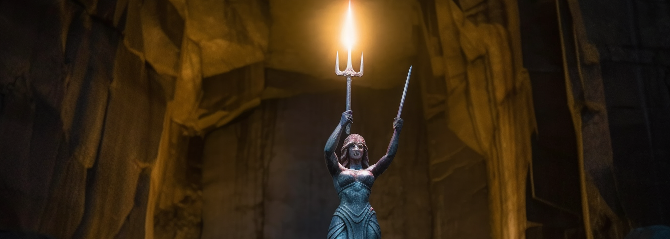 A statue of a female figure with a glowing trident.