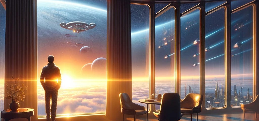 Illustration of a pivotal sunrise scene inside a room with a view of the early morning sky, where spaceships approach Earth, signifying the start of a historic galactic summit. A human stands by the window, contemplating the day’s significant responsibilities, while an assistant named Luca checks updates on his device, highlighting the blend of human anticipation and cosmic unity.