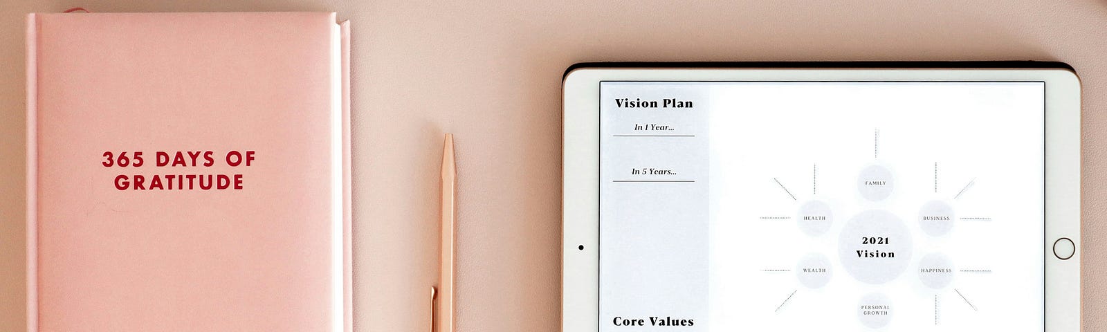 Light pink background. On the left, 365 days of gratitude journal. In the middle, is a pink pen. On the right an ipad with a diagram.