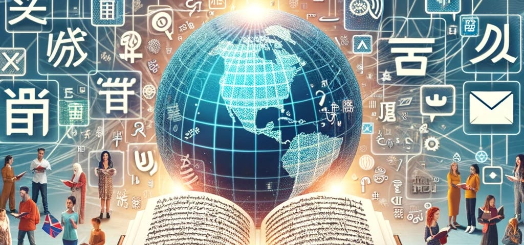 A vibrant illustration of a diverse group of people encircling an open book, which displays various global language scripts. Above them, a luminous digital globe hovers, with lines crisscrossing to signify global connections. The backdrop is filled with icons representing different writing systems, including Latin, Cyrillic, Chinese characters, Arabic script, and Devanagari, symbolizing the unity of language learning and cultural exchange.
