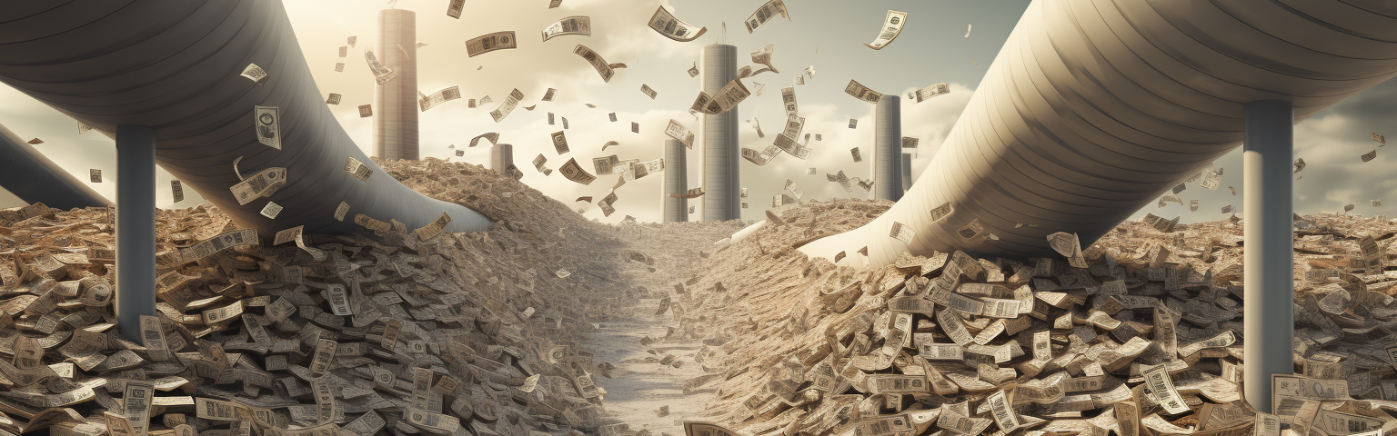 Midjourney generated image of massive pipeline construction site with money raining down on it