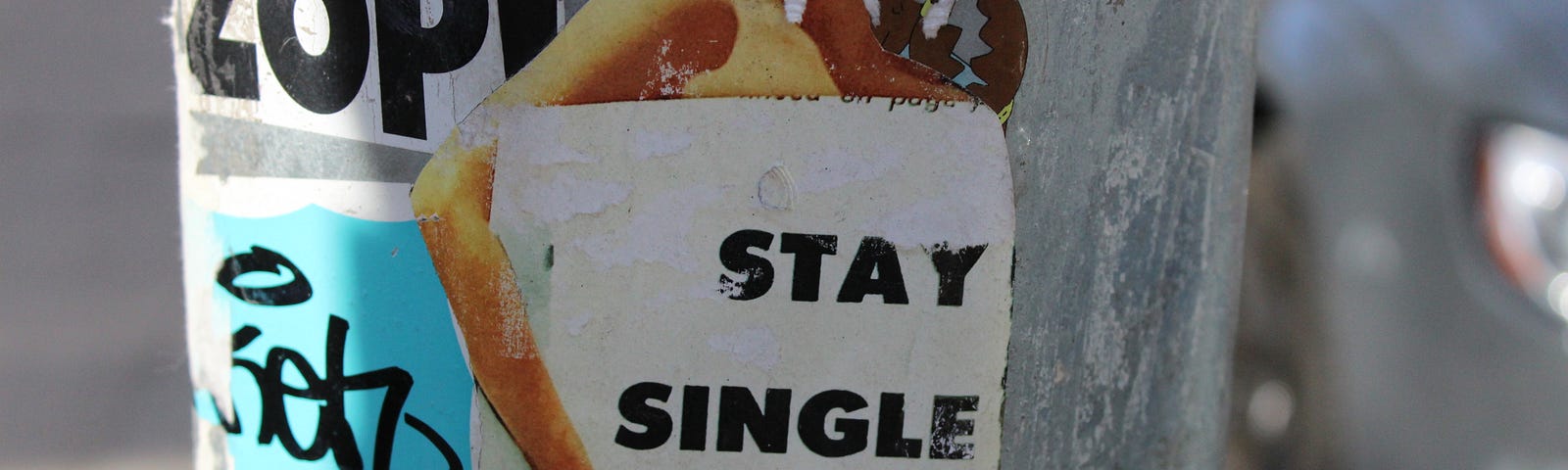 Image shows scraps of paper plastered to a post. One of them says “Stay Single”