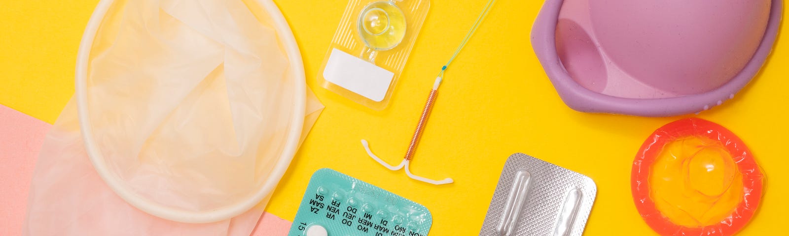 variety of reproductive health supplies including condom, birth control pill and IUD