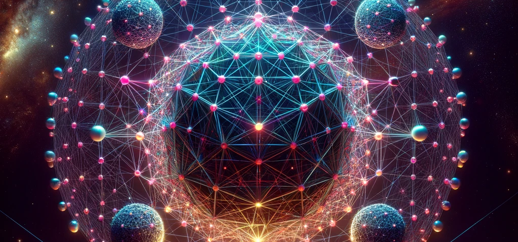 An 80s sci-fi inspired image featuring the E8 lattice as an intricate network of glowing lines and nodes, interconnecting tetrahedrons and a central sphere against a cosmic backdrop, symbolizing the mathematical unity of the universe.