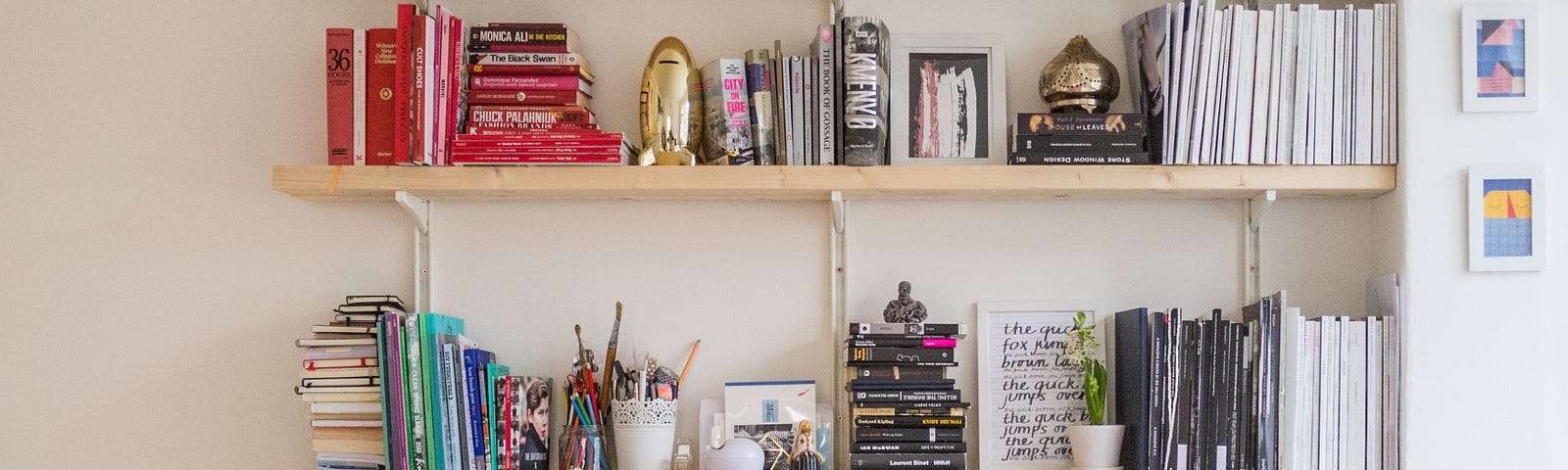 Bookshelves lined with books, stationery and plants.