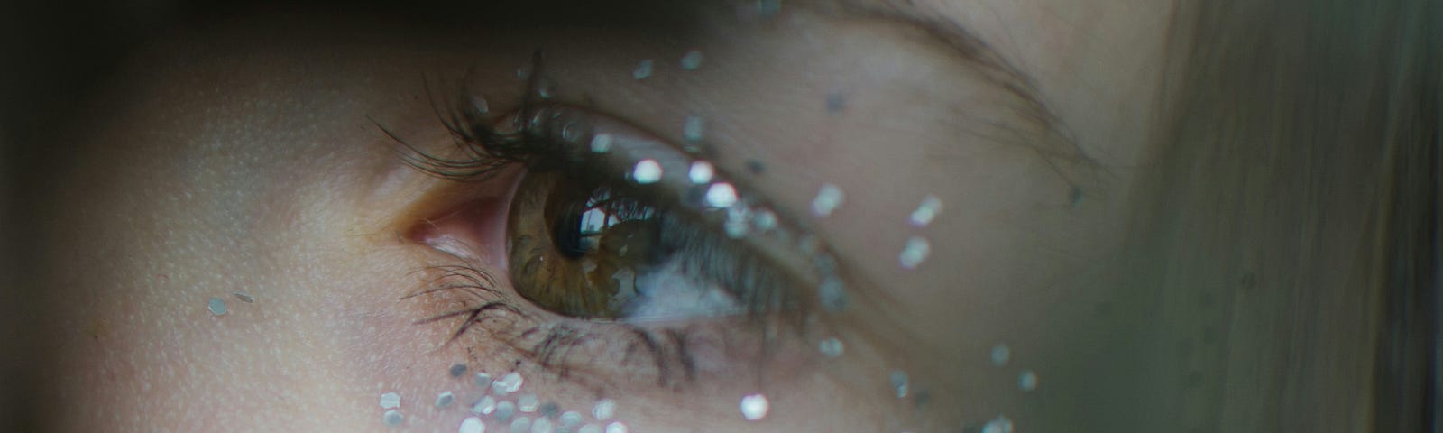 Photo of a close-up of a woman’s face shows one of the eyes and brows, their eye and hair are brown, and splattered on the face is silver-colored glitter.