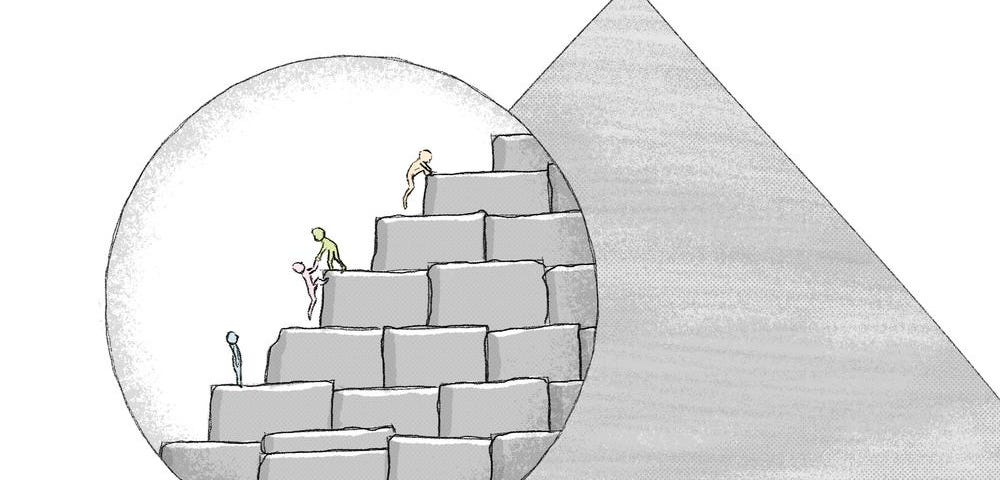 Illustration of people climbing up a pyramid. Those at the higher level are helping others climb.