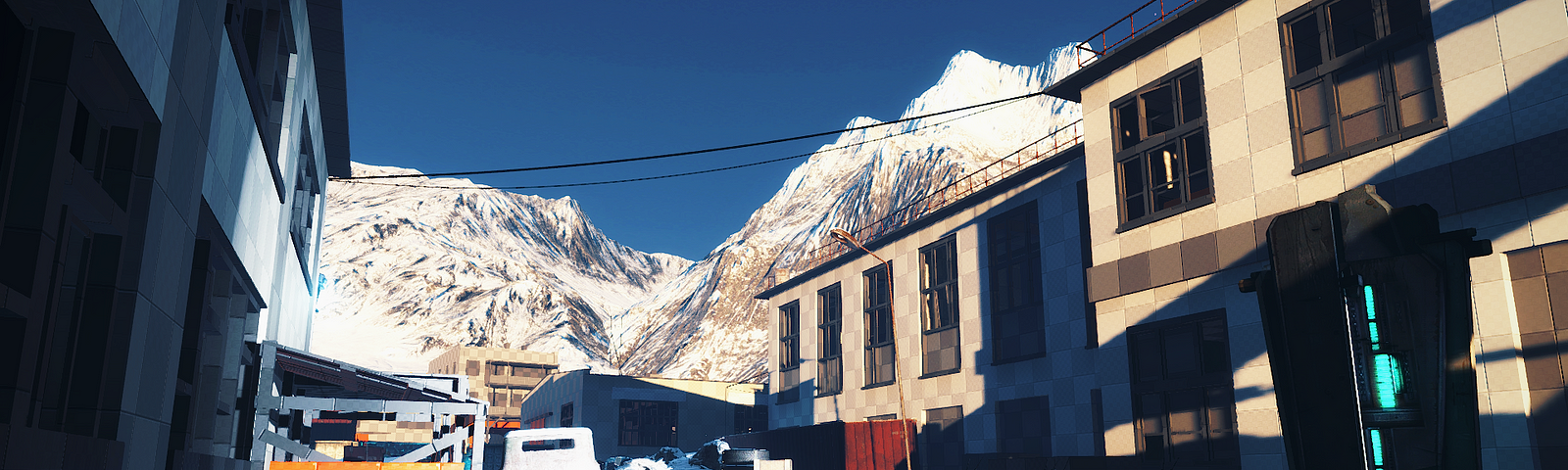 The screenshot shows abandoned buildings and combine fortifications against the snowy backdrop