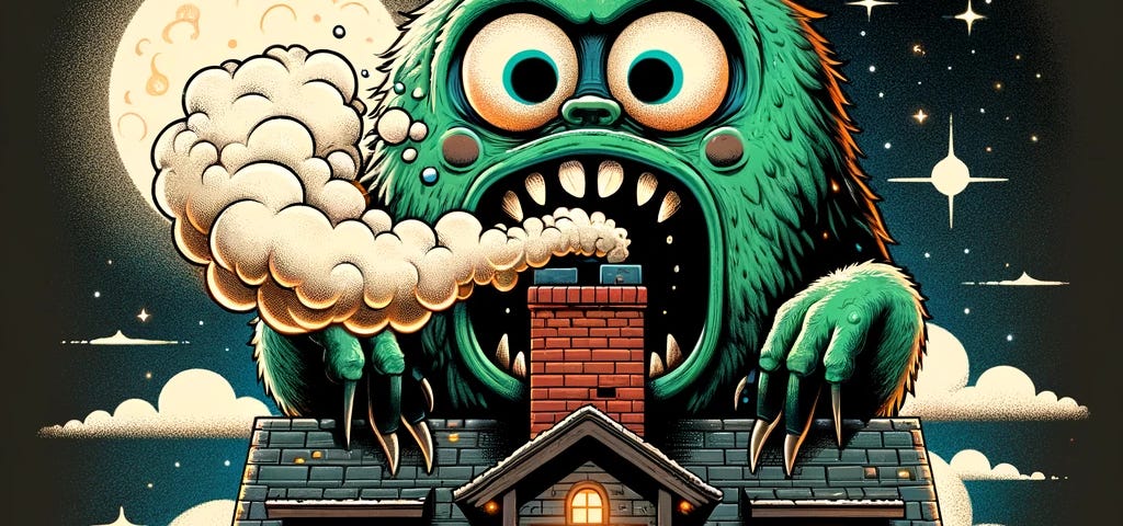 Image of a round-faced Lake Lemon Monster, with huger eyes and sharp teeth in its oddly shaped, wide open mouth. It peers over the roof with the night sky in the background. Christmas trees and lights can be seen in the front of the house with brightly lit windows. Image by Farmer Josh using Chat GPT