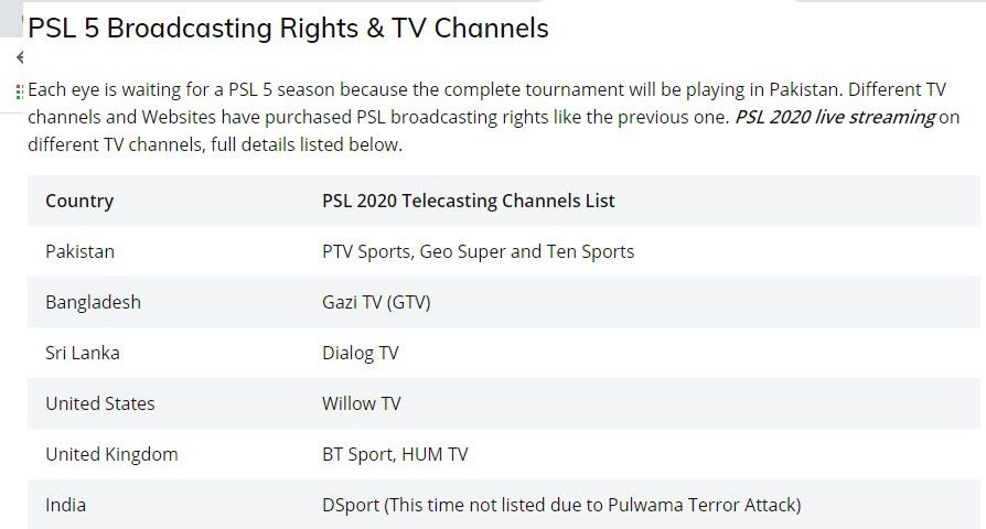 psl live streaming channels