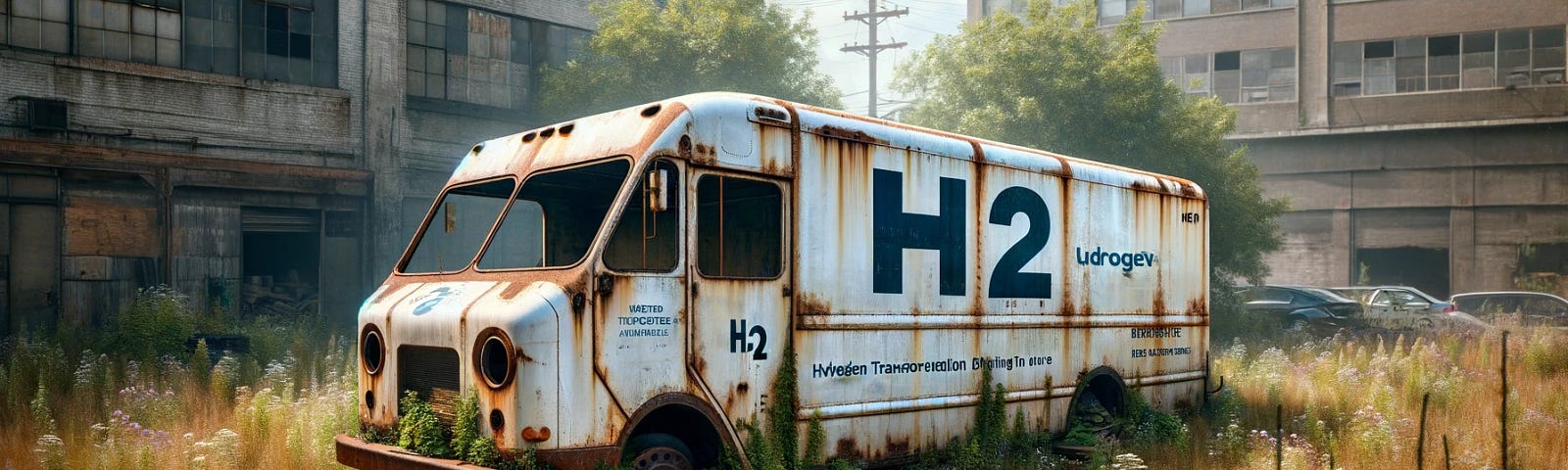ChatGPT & DALL-E generated panoramic image depicting a large delivery van, labeled “H2,” abandoned and rusting in a weed-filled lot.