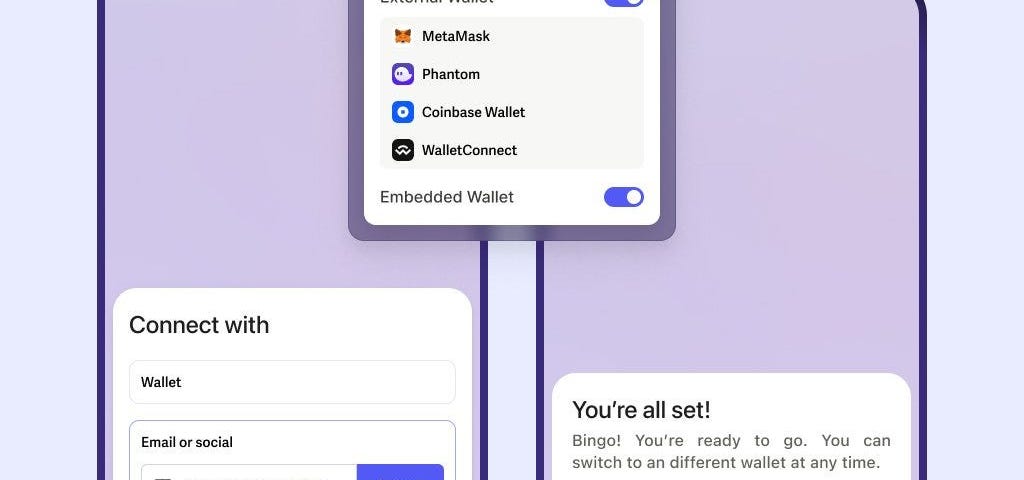 Screen shots of the embedded wallet creation flow.