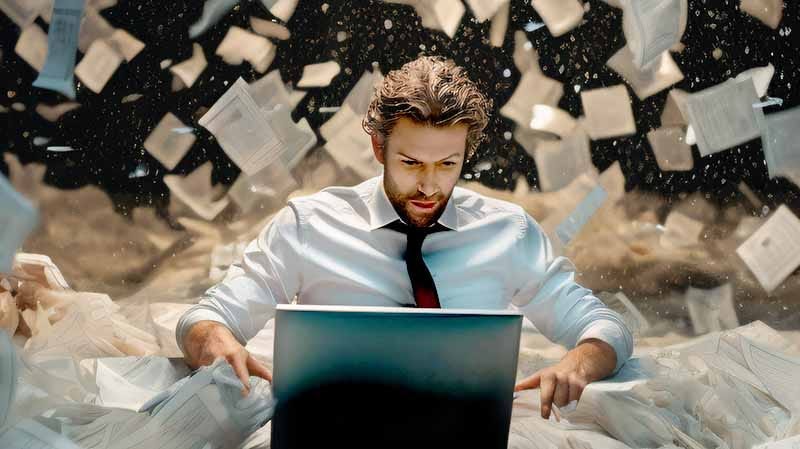 Man in a sea of papers at a computer with memos of misinformation floating all around him in space