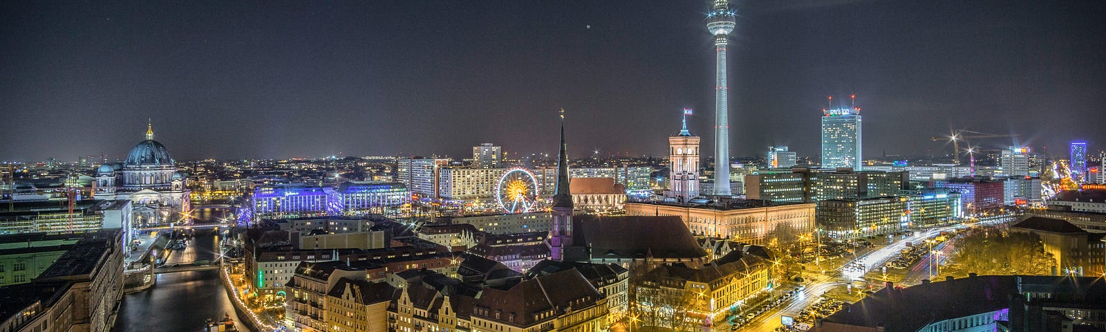 cityscape of Berlin and Alexanderplatz in Germany in the evening.