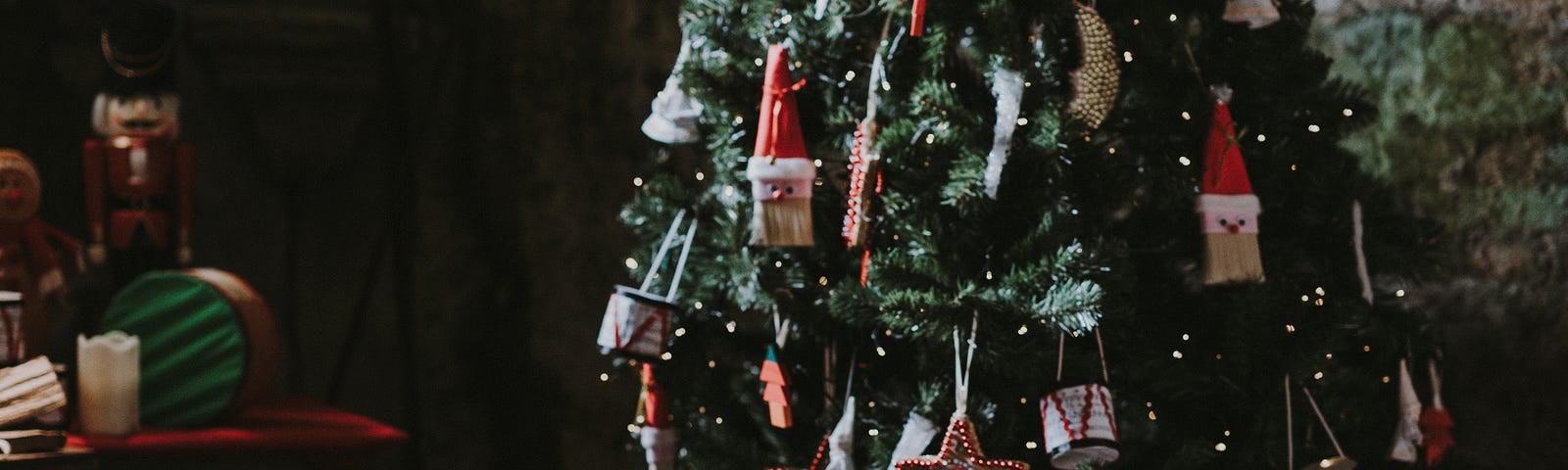 Decorated Christmas tree with wrapped presents in bundles surrounding it.