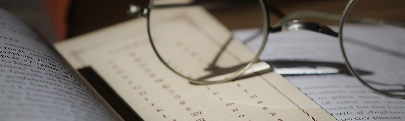 Round wire frame glasses sitting on an open book