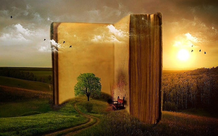 A Magical Landscape With A Huge Book As Big As A Building With A Tree And Reading Chair Next To It.