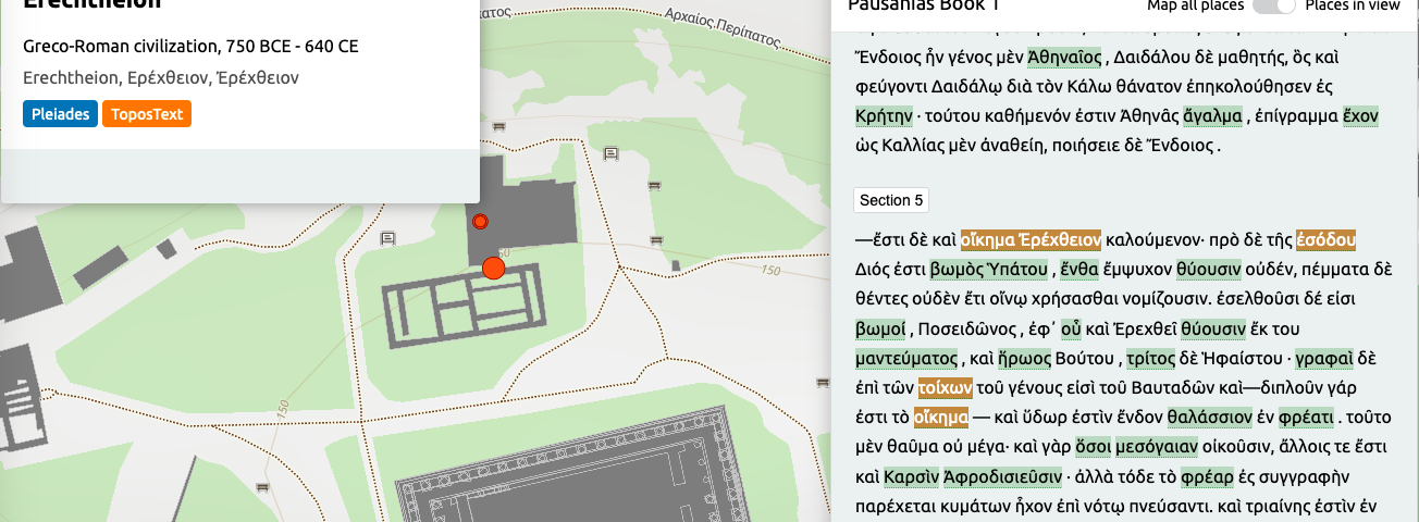 A visualisation showing Pausanias’s text on the right (1.26.5) in his description of the Athenian Acropolis, and a map of the places mentioned in that passage, highlighting the Erechtheion.