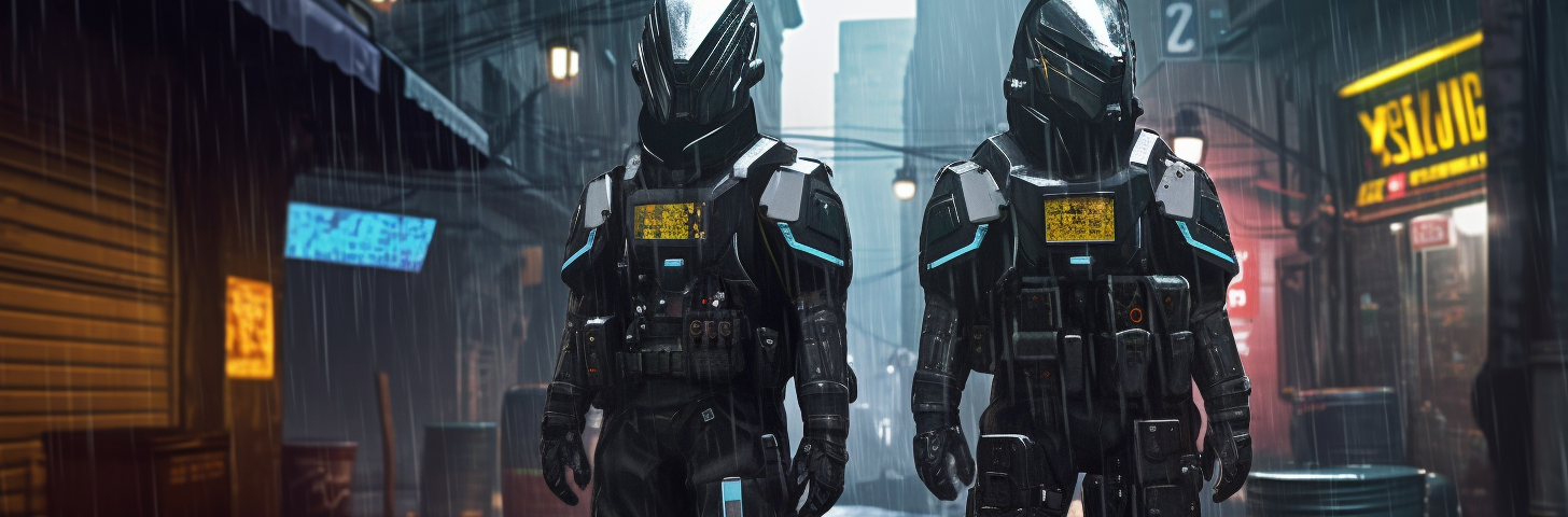 Two figures in mecha suits, survey the city streets around them. The lighting is eerie and reflects off the puddles from the rain.