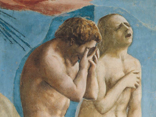 A fresco of Adam and Eve looking guilty