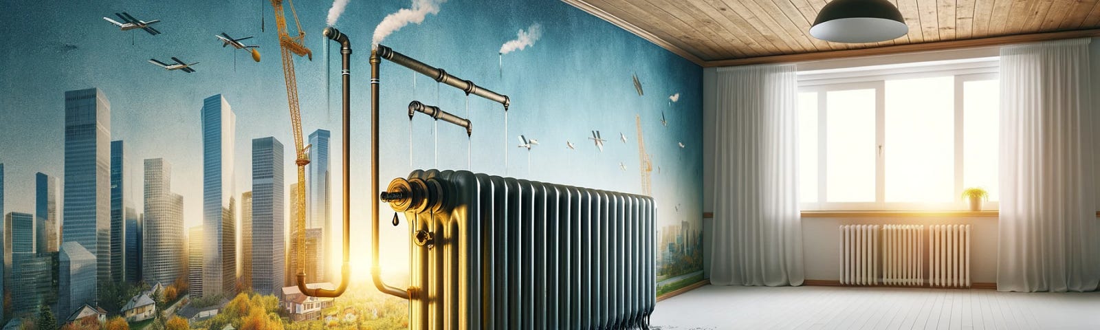 ChatGPT & DALL-E generated panoramic image depicting an old, inefficient radiator in a home, set against the backdrop of modern, eco-friendly heating solutions.