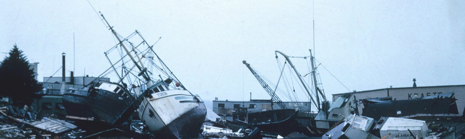 Wrecked ships and debris after a tsunami.