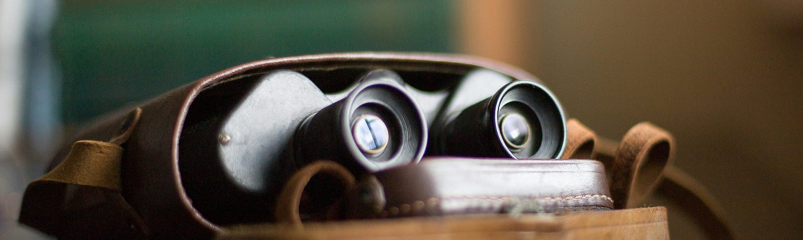 binoculars on a desk inside a case