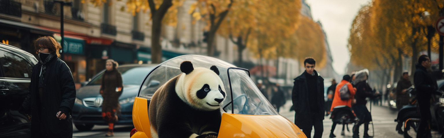 Midjourney generated image of Chinese electric car driven by panda bear on the streets of Paris