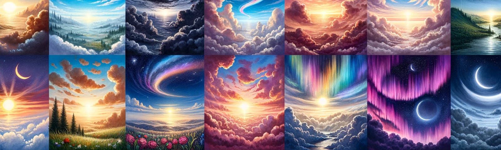 A vivid and colourful image showcasing various sky scenes from morning to night, including sunrise, sunset, storm clouds, starry night, auroras, meteor showers, and an eclipse.