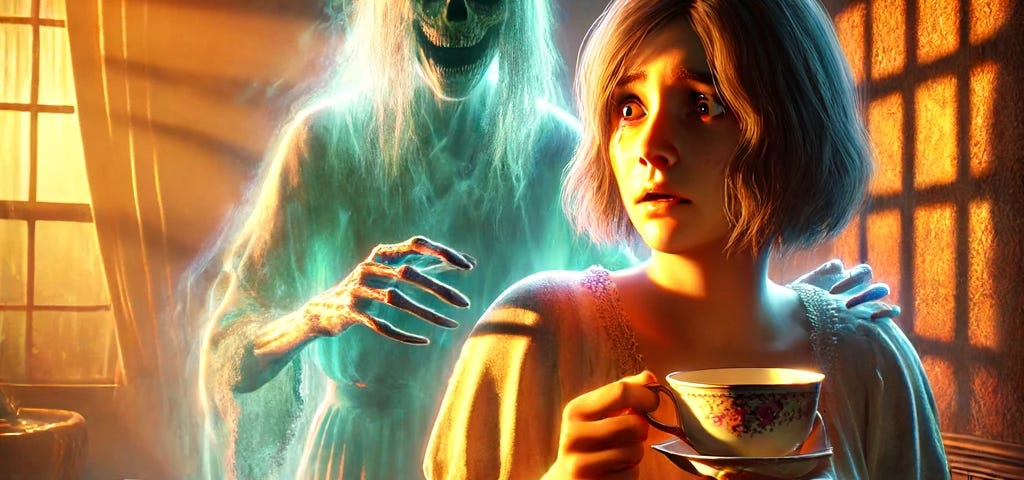 A vivid and detailed ultra-hyper-realistic 8K image of a spectral encounter. Claire sees Molly’s ghost in a room bathed in eerie sunset light.