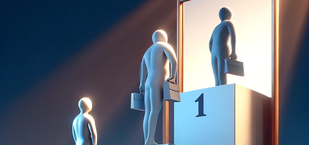 the image illustrating ‘Envy Narcissism’, depicting a figure on a podium looking enviously at another figure on a higher podium, symbolizing their constant comparison with others and the desire to always be on top.